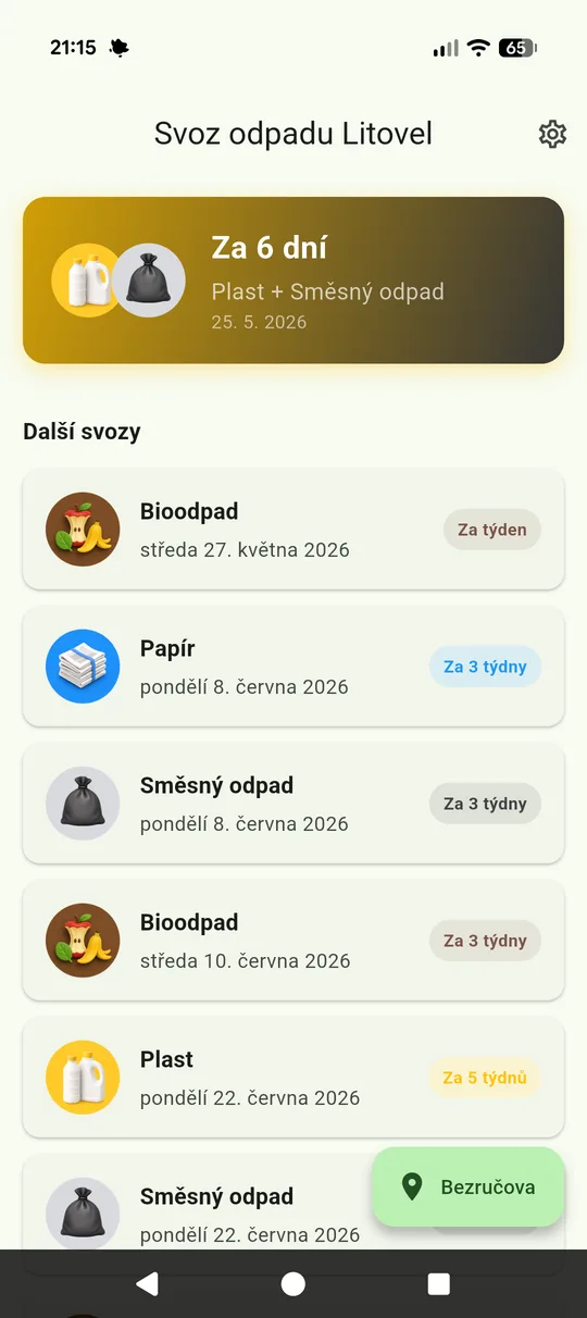 Screenshot aplikace Svoz odpadu Litovel s nejbližším svozem a kalendářem podle ulice