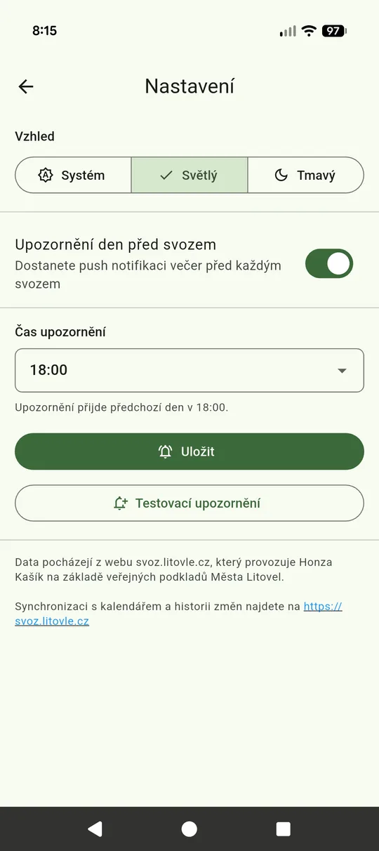 Screenshot nastavení upozornění před svozem v aplikaci Svoz odpadu Litovel